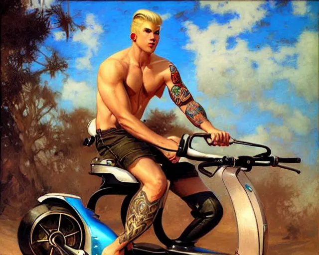 Prompt: handsome tattooed blonde gym bro rides an e - scooter, cool colors, hard angles, painting by gaston bussiere, craig mullins, j. c. leyendecker, tom of finland