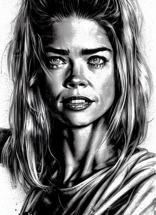 Image similar to portrait of a 25 year old Denise Richards as a mechanic character in Mad Max, looking at camera, intricate, dystopian, sci-fi, extremely detailed, digital painting, artstation, concept art, smooth, sharp focus, illustration, soft lighting, incredible art by artgerm and greg rutkowski and alphonse mucha and simon stalenhag