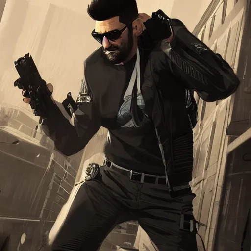 Image similar to Adam Jensen from Deus Ex as a GTA character, by Cedric Peyravernay, highly detailed, excellent composition, cinematic concept art, dramatic lighting, trending on ArtStation