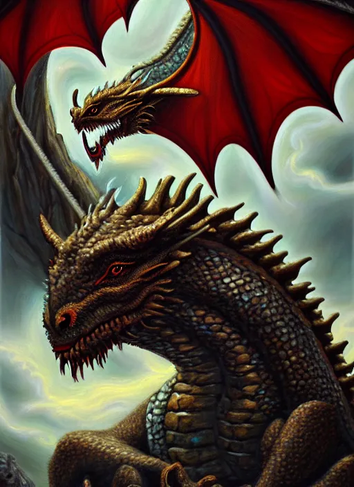 Image similar to portrait of a dragon dreaming of sheep, deviantart oil painting, award winning, highly detailed painting