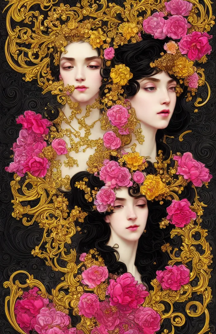 Image similar to beautiful black pink yellow, complicated gold and pink flowers in baroque style headwears, dark fantasy, intricate, elegant, highly detailed, digital painting, artstation, concept art, matte, 3 d 8 k octane rendered, sharp focus, illustration, octane rendered, art by artgerm and alphonse mucha, leesha hannigan