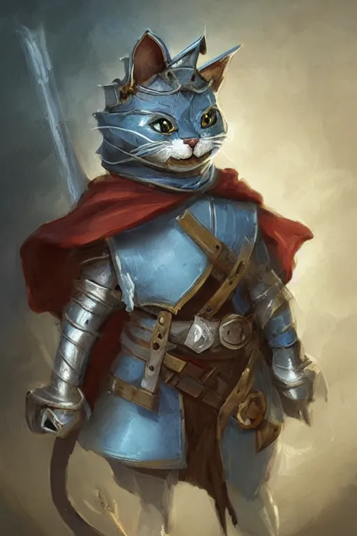 Image similar to cute little anthropomorphic cat knight wearing a cape and a crown, tiny, small, miniature cat , baby animal, short, pale blue armor, cute and adorable, pretty, beautiful, DnD character art portrait, matte fantasy painting, DeviantArt Artstation, by Jason Felix by Steve Argyle by Tyler Jacobson by Peter Mohrbacher, cinematic lighting