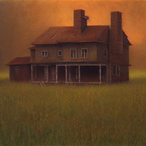 Image similar to An American house on a field with a skinwalker hidden oil painting in style of Zdislaw Beksinski
