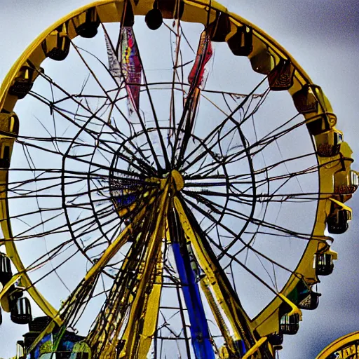 Image similar to an old abandoned rusty ferris wheel, in a town filled with pale yellow mist. Dystopian. Award-winning colored photo. OM system 12–40mm PRO II 40mm, 1/100 sec, f/2 8, ISO 800