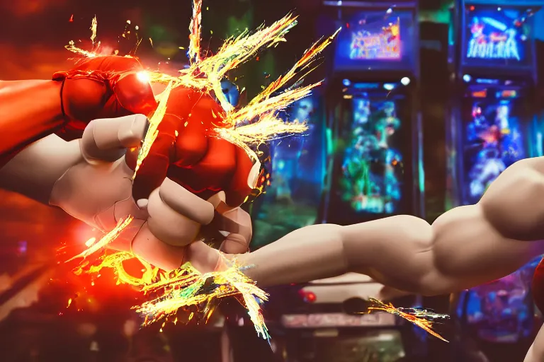 Prompt: photo of a fist punching out of an arcade machine screen, street fighter, glass shards, sparks, high resolution, hd, 4k