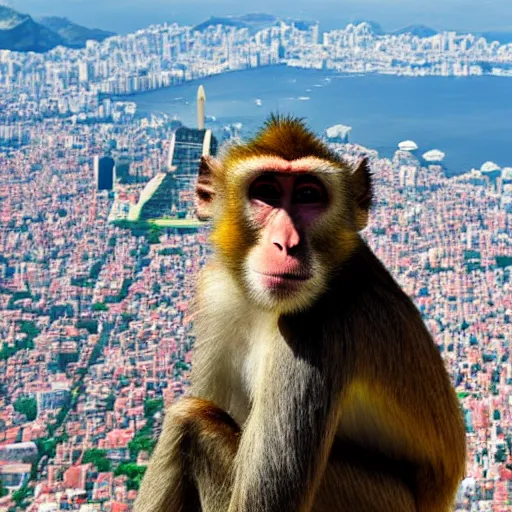 Image similar to high quality portrait of a monkey in front of Christ The Redeemer, studio photograph, photograph, realistic photo, 8k photo, 4k photo, stock photo, high resolution, cinematic shot, high detail