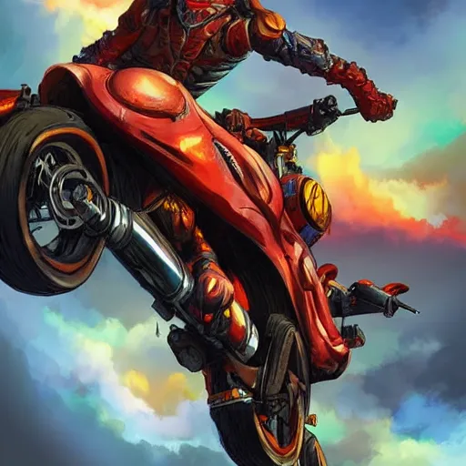 Prompt: motorcycle flying through the air from demons, muscular man riding, digital painting, vibrant colors, illustration, artgerm, artstation