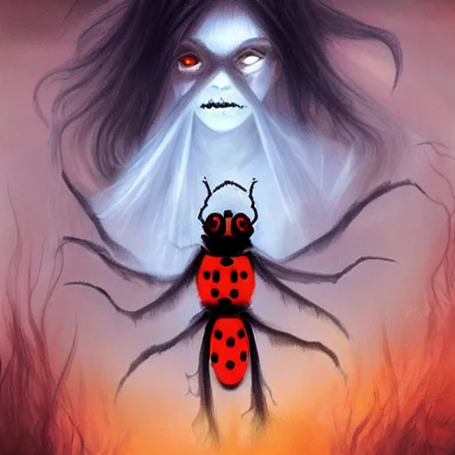 Prompt: ladybug as a ghost, fantasy art style, scary atmosphere, nightmare - like dream