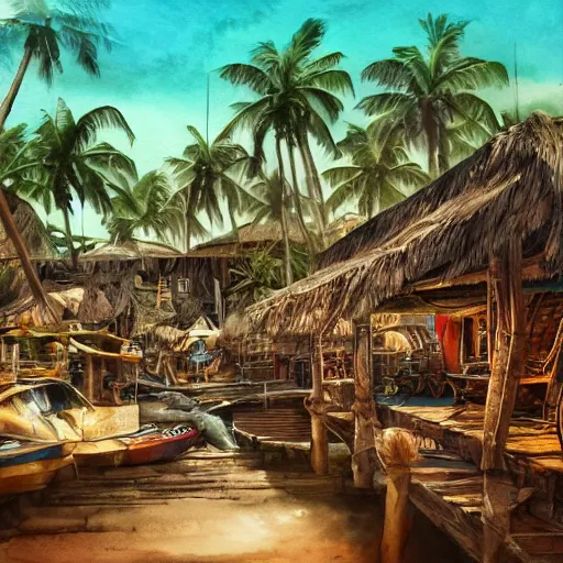 Image similar to tropical pirate shanty town, watercolor, dramatic lighting, cinematic, establishing shot, extremely high detail, foto realistic, cinematic lighting, pen and ink, intricate line drawings, post processed, concept art, artstation, matte painting, style by Steven Spielberg, Peter Jackson, art germ -800