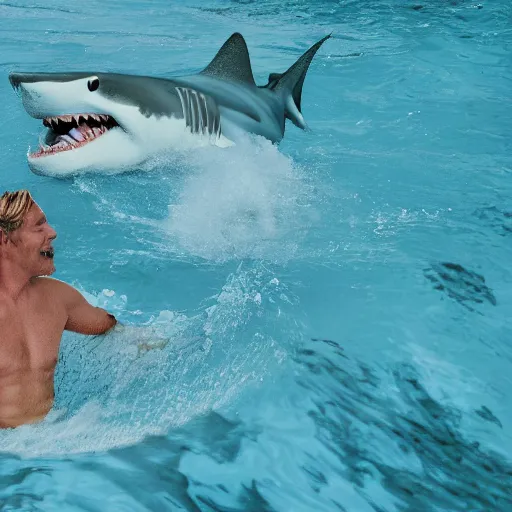 Image similar to a shark and a surfer hanging out in a swimming pool