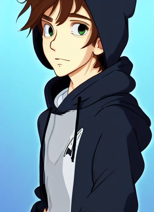 Image similar to teen boy with brown hair and big blue eyes, wearing a black hoodie with cat ears on top of it, natural lighting, path traced, highly detailed, high quality, cartoon, digital painting, by don bluth and ross tran and studio ghibli and alphonse mucha