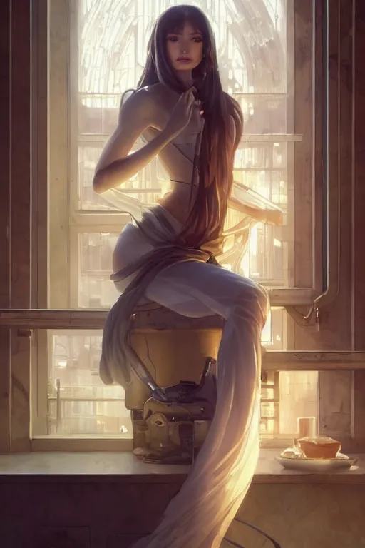 Image similar to an attractive serene cute android in a cafe, partially human , partially biomedical design , natural atmosphere, great high details, highly reaslitic, cinematic lighting, intricate, elegant, super highly detailed, art station, concept arD, beautiful, delicate, art by artgerm and greg rutkowski and alphonse mucha and loish and WLOP