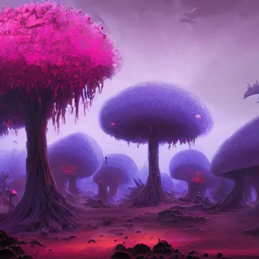 Image similar to concept art painting of a fantasy alien fungal landscape at night, magenta trees, glowing blue mushrooms, houses made of fungus, dark purple sky, realistic, detailed, cel shaded, in the style of makoto shinkai and greg rutkowski and albert bierstadt and james gurney