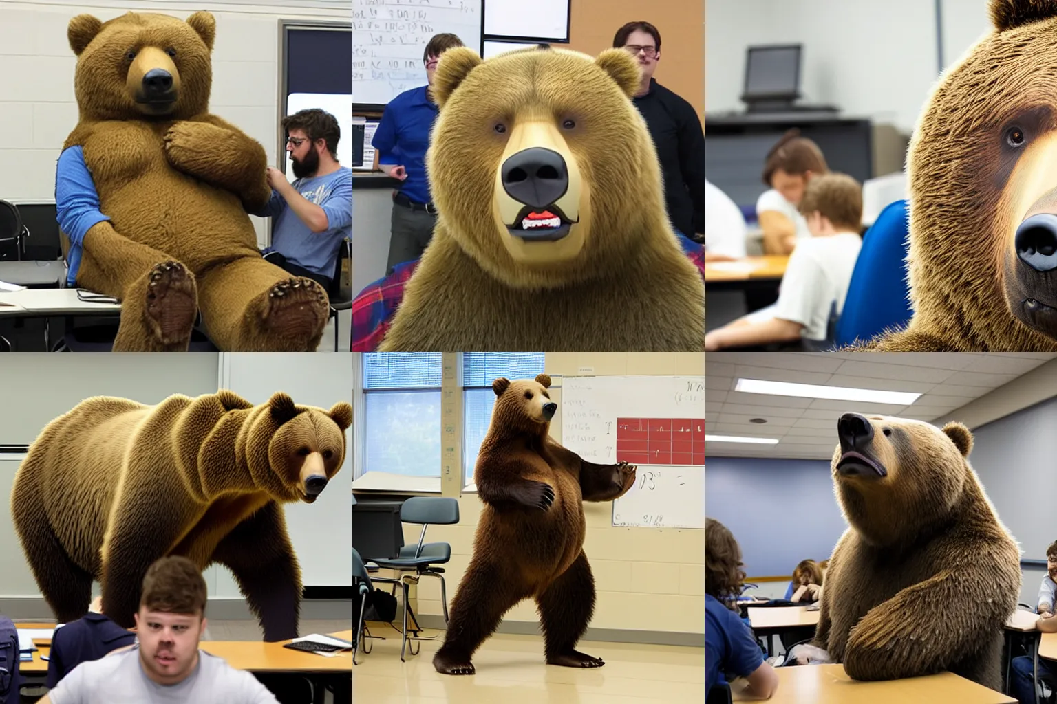 Prompt: oversized grizzly bear confused in calculus class, photograph