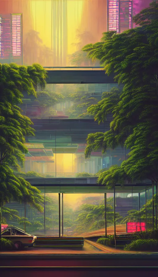 Image similar to a beautiful photorealistic painting of building metro station by john william casilear, gem retrowave meadow vaporwave bladerunner 2 0 4 9 sunset saturn junglepunk reclaimed by nature rainforest landscape poppy darkacademia synthwave, archdaily, wallpaper, highly detailed, trending on artstation.