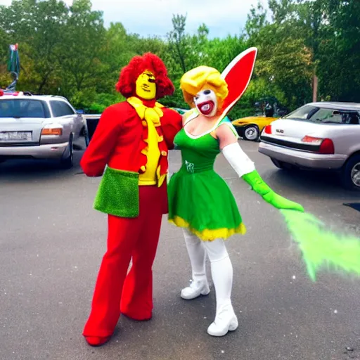 Prompt: ronald mcdonald fighting tinkerbell in a parking lot