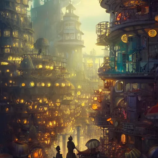 Image similar to a magical city of mushrooms ,cute ,clean and clear,in steampunk city by Greg rutkowski,sung Choi, 8k photo realistic, cinematic lighting, hd ,high details, atmospheric, trending on artstation, glowing effect, devinart, golden ratio, rule of thirds