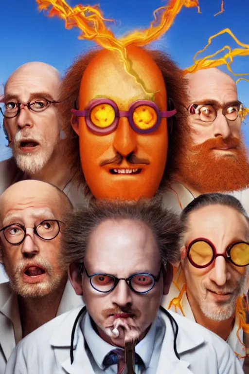 Image similar to a man with 3 eyes, man with a 3rd eye in the middle of his forehead, an awkwardly tall mad scientist with a 3rd eye a tangled orange beard balding head and unruly red hair wearing a labcoat, high resolution film still, movie by Robert Zemeckis and Ivan Reitman, 3rd eye in the middle of his forehead