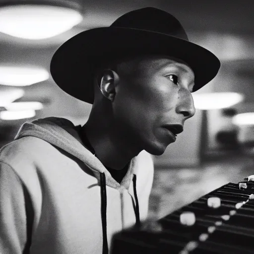 Image similar to cinematic film still of Pharrell Williams Making A Beat with an anthropomorphic alien, Japanese VFX, 2018, 400mm lens, f1.8, shallow depth of field,film photography