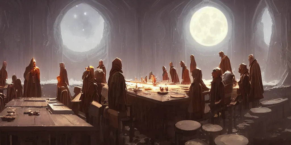 Image similar to A meeting of the council of elders, robed figures sat around a table, beautiful architecture, night time, stars visible, beautiful moon light, concept art, fantasy art, painted by Greg Rutkowski, trending on artstation