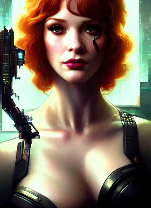 Image similar to bladerunner cyberpunk portrait of christina hendricks, beautiful face, highly detailed face!!!, extremely detailed!, digital painting, unreal engine 5, art by artgerm and greg rutkowski and alphonse mucha