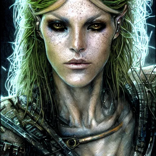 Image similar to an award finning closeup facial portrait by luis royo and john howe of a very beautiful and attractive female bohemian cyberpunk traveller aged 5 0 with green eyes and freckles in clothed in excessively fashionable cyberpunk gear and wearing ornate warpaint