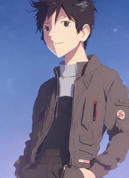 Image similar to a handsome young man! model, wearing ma - 1 flight suit jacket and overalls, trending on pixiv fanbox, painted by greg rutkowski makoto shinkai takashi takeuchi studio ghibli, akihiko yoshida