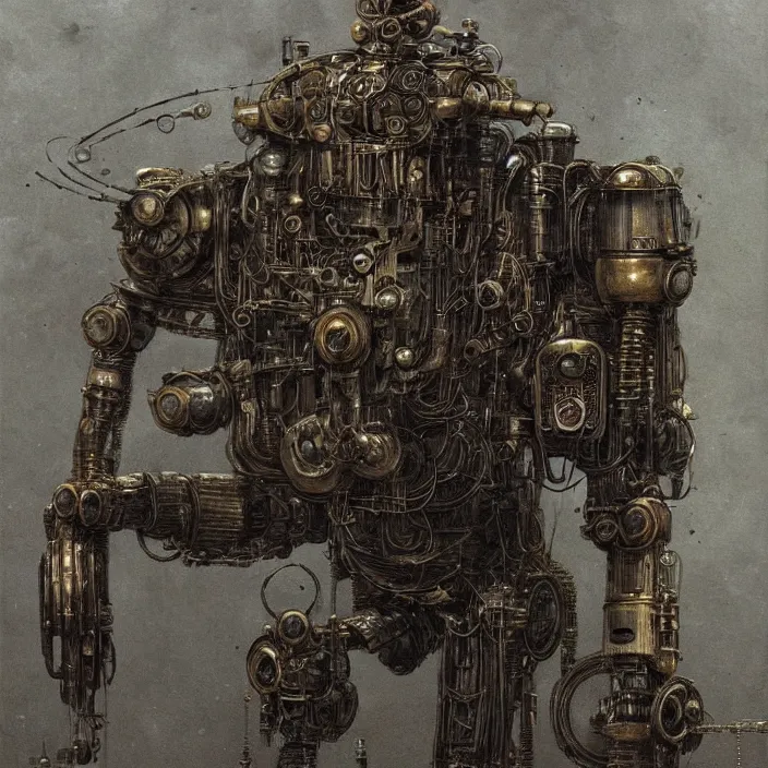 Prompt: a brass dieselpunk robocop, clockwork machinery, head and chest only, by beksinski, 8 k deviantart, trending on artstation