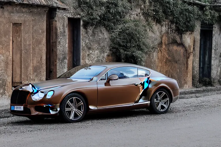 Image similar to modern rusty matte tired Bentley Continental GT without gloss no reflections drives along the road of an old Russian village with houses at the edges