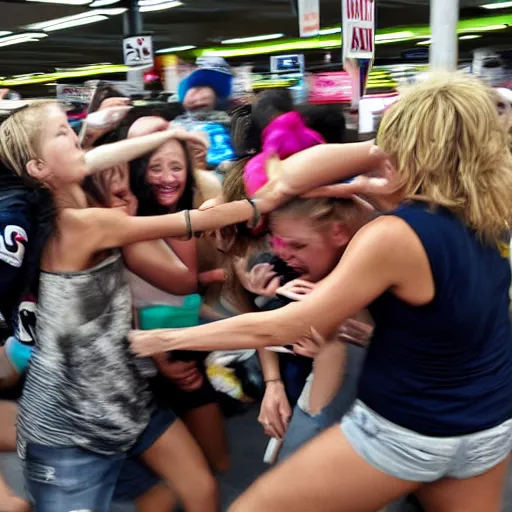 Prompt: sarah hylands fighting in a mosh pit at wal - mart