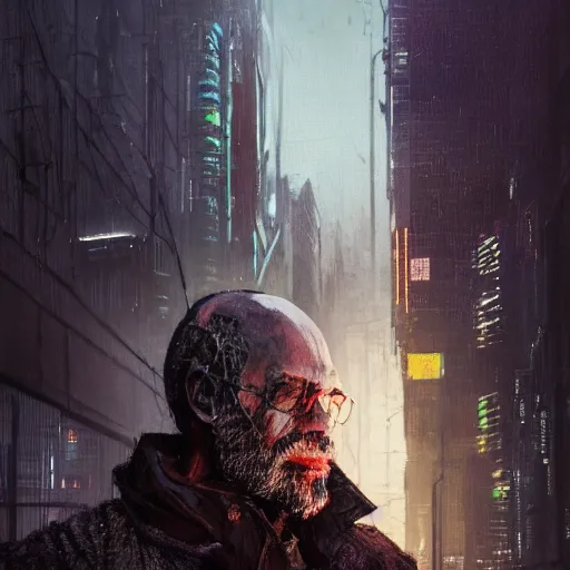 Image similar to cyberpunk, closeup portrait of a shaggy old cyberpunk fence, crooked teeth, bald, tired eyes, tattered tweed jacket, dramatic light, city background, sunset, dystopian setting, high contrast, sharp, neuromancer, the finn, painted by stanley lau, painted by greg rutkowski, painted by stanley artgerm, digital art, trending on artstation