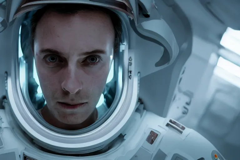 Image similar to VFX movie of a futuristic spaceman closeup portrait in high tech spaceship, beautiful natural skin neon lighting by Emmanuel Lubezki