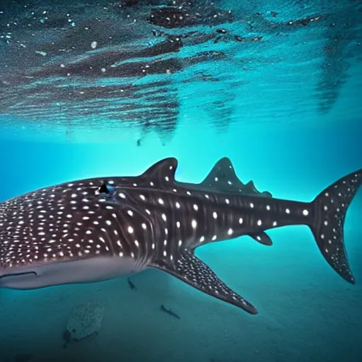 Prompt: a bioluminescent whale shark deep under the sea, award winning nature photography