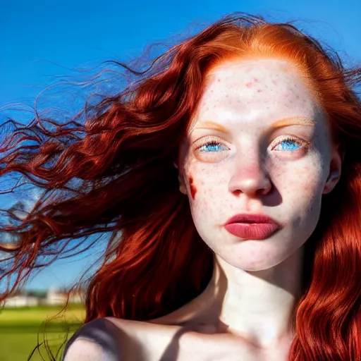 Prompt: close up portrait photograph of a thin young redhead woman with russian descent, sunbathed skin, with deep blue eyes. Wavy long maroon colored hair. she looks directly at the camera. Slightly open mouth, with a park visible in the background. 55mm nikon. Intricate. Very detailed 8k texture. Sharp. Cinematic post-processing. Award winning portrait photography. Sharp eyes.