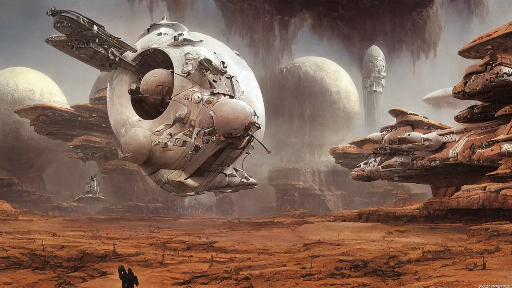 Prompt: organic dropship lander by john schoenherr and jim burns, epic cinematic matte painting