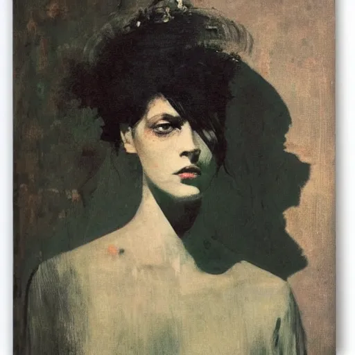 Image similar to portrait of a mysterious woman with a long shadow, by Ilya Repin and Dave McKean