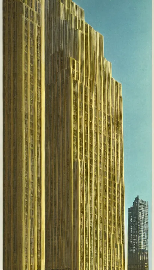 Prompt: architecture ad for a mid-century modern skyscraper designed by miss van der rohe. Film grain, cinematic, colorized, yellow hue.