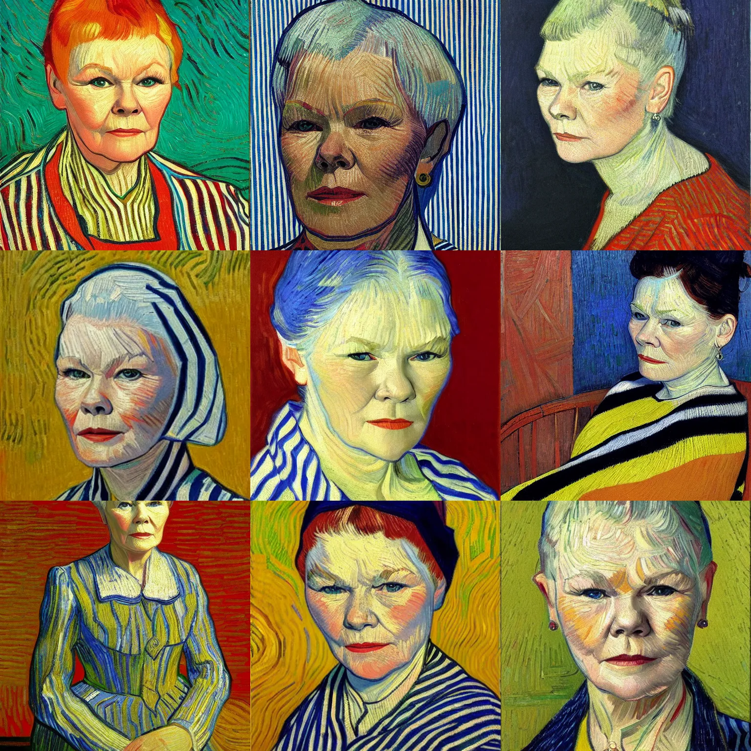 Prompt: beautiful detailed portrait of judi dench, stripes, bright lines, painted by vincent van gogh, oil on canvas