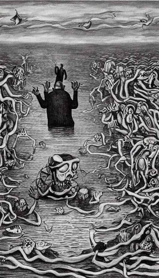 Prompt: man on boat crossing a body of water in hell with creatures in the water, sea of souls, by charles addams