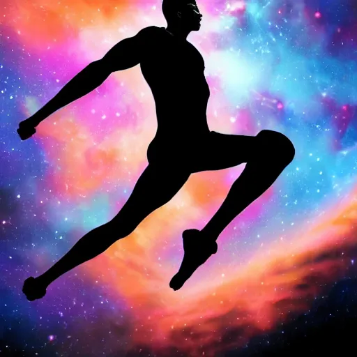 Image similar to wide shot of athletic man, inspiring pose, floating, silhouette, long shot, in a cosmic nebula background, matte colors, very very very dramatic, inspiring digital art trending on artstation