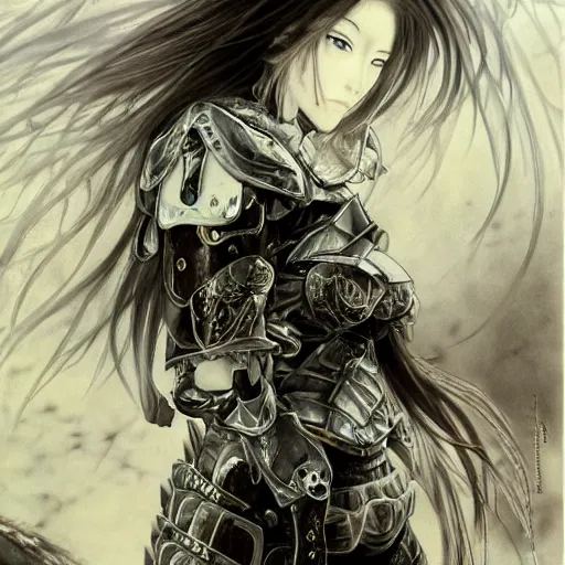 Image similar to Yoshitaka Amano realistic illustration of an anime girl with black eyes, wavy white hair fluttering in the wind and cracks on her face wearing Elden ring armour with engraving, abstract black and white patterns on the background, noisy film grain effect, highly detailed, Renaissance oil painting, weird portrait angle, blurred lost edges, three quarter view