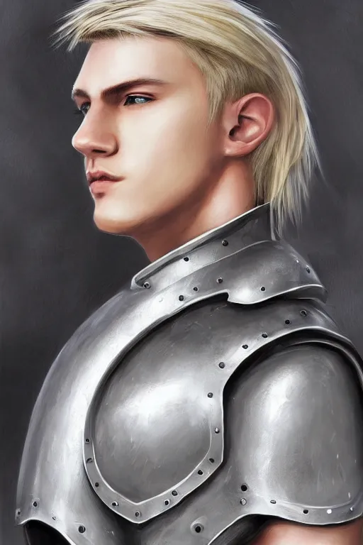 Image similar to a blonde male teenager wearing a silver plate armor, digital painting, digital art, oil painting, masterpiece, realistic and detailed face, profile picture, realistic, highly detailed, high quality, symmetrical, low contrast, trending on deviantart, soft colors, soft lighting, face portrait, beautiful, elegant, castle in the background, bokeh, artgem style