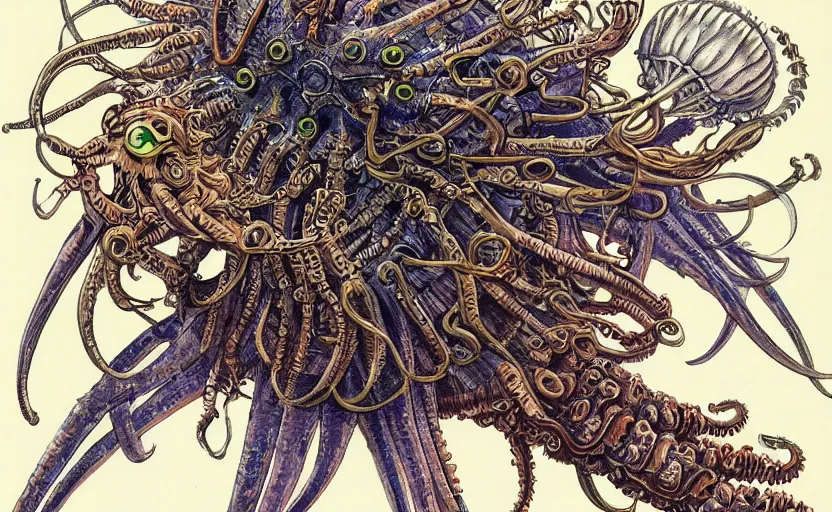 Prompt: sci - fi biomechanical, colored monster character design, fantasy. intricate jellyfish crab eagle lizard biomechanical. by ernst haeckel