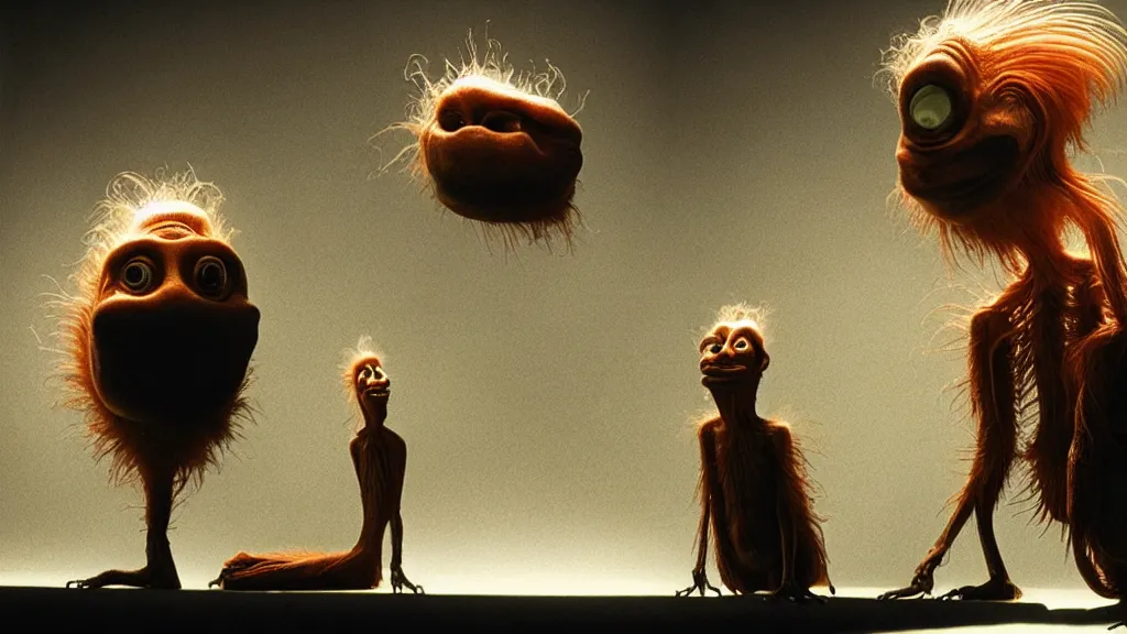 Image similar to the strange creature, made of glowing oil, they suffer from elevatophobia, film still from the movie directed by denis villeneuve and david cronenberg with art direction by salvador dali and dr. seuss