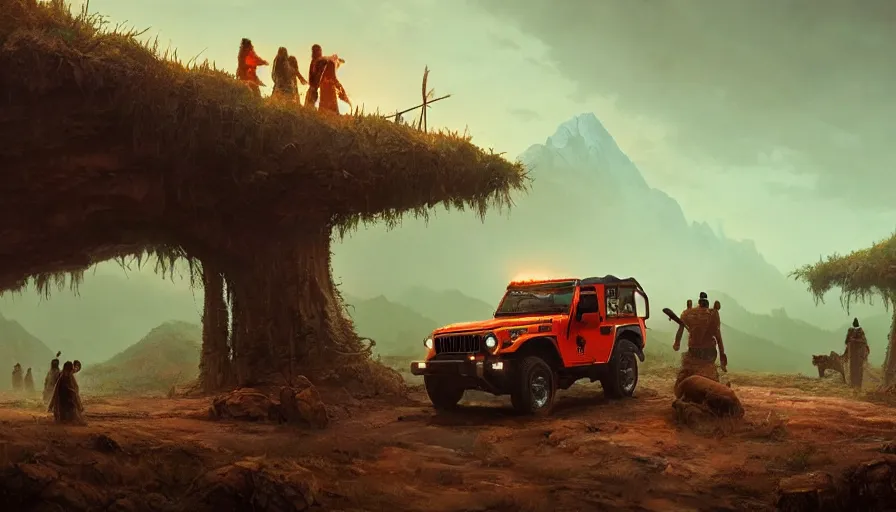 Image similar to Mahindra thar, tribe members watching nearby, an epic fantasy, dramatic lighting, cinematic, establishing shot, extremely high detail, photorealistic, cinematic lighting, artstation, by simon stalenhag, horizon forbidden west