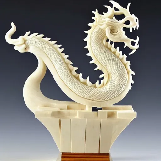 Image similar to an ivory carving sculpture of a chinese dragon winding around intricate wooden structures