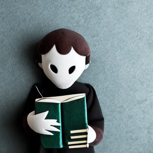 Prompt: cute fumo plush of a boy holding a book of forbidden spellcasting, eerie glow, black and white, green lighting and shadow, tendrils, vray