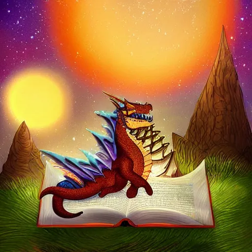 Image similar to cute dragon reading book under the stars, digital art