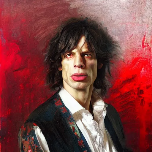 Prompt: Solomon Joseph Solomon and Richard Schmid and Jeremy Lipking victorian genre painting portrait painting of Mick Jagger in fantasy costume, red background