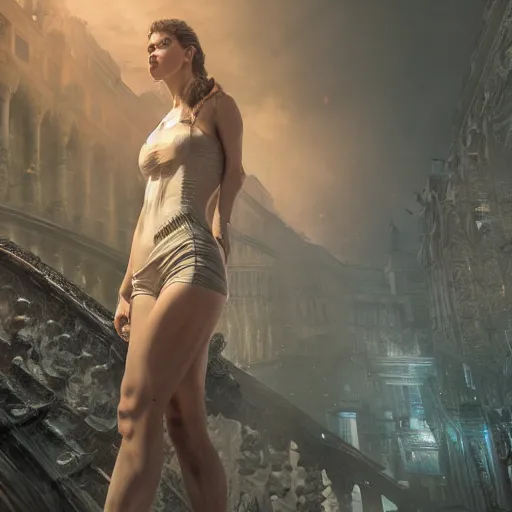 Image similar to full body pose, hyperrealistic photograph of stunning woman, dim volumetric lighting, 8 k, octane beautifully detailed render, extremely hyper detailed, intricate, epic composition, cinematic lighting, masterpiece, trending on artstation, very very detailed, stunning, hdr, smooth, sharp focus, high resolution, award, winning photo, dslr, 5 0 mm